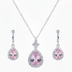 Half‑Set of Necklace & Earrings in Teardrop Quartz‑Like Design with Steel and Halo of Crystals