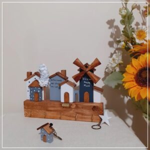 Handcrafted Wooden Wall Key Holder with Decorative Village Houses and Windmill Design, Rustic Home Entry Organizer
