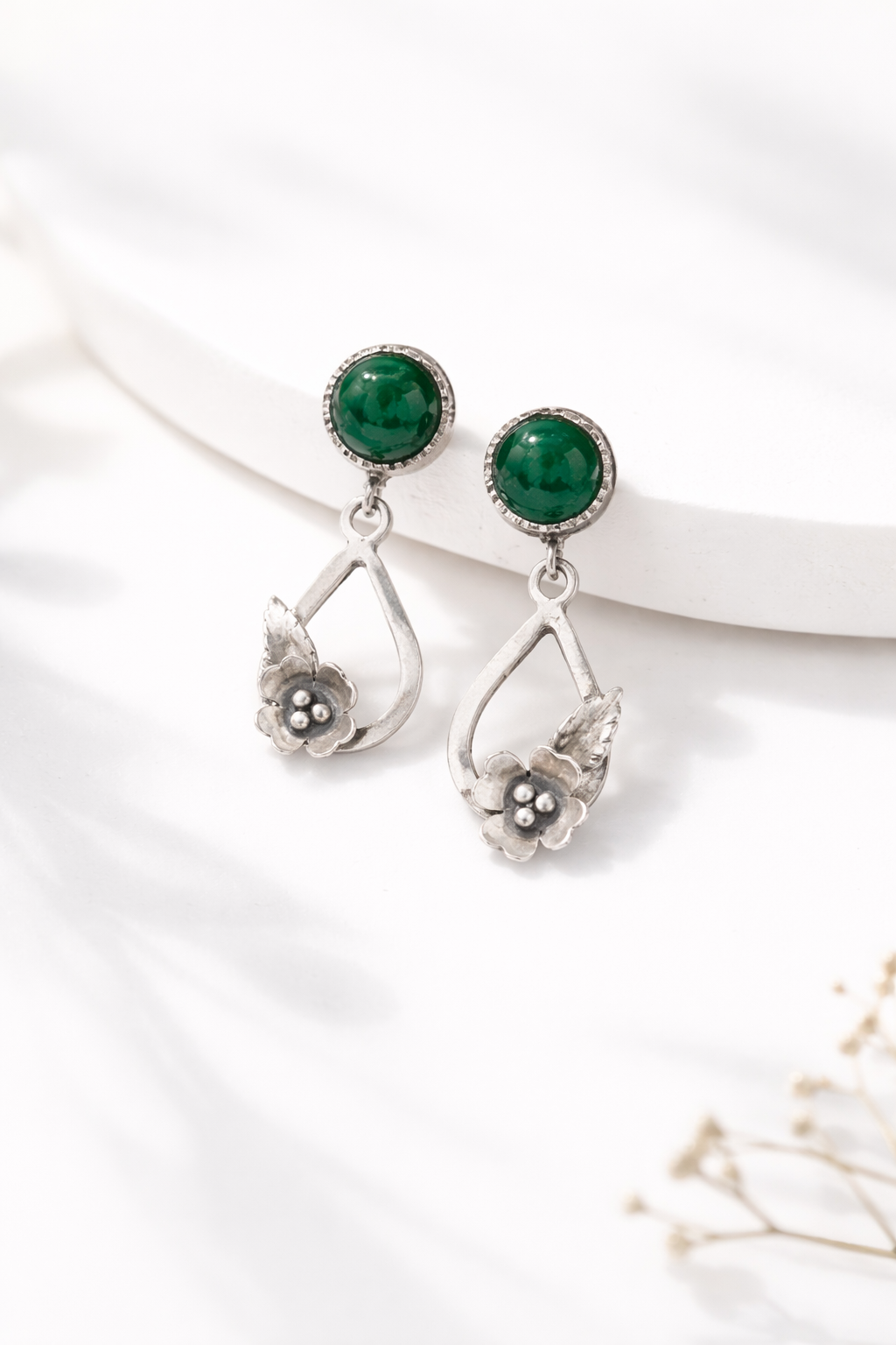 Handmade Silver Earrings – Natural Green Agate Artisan Jewelry