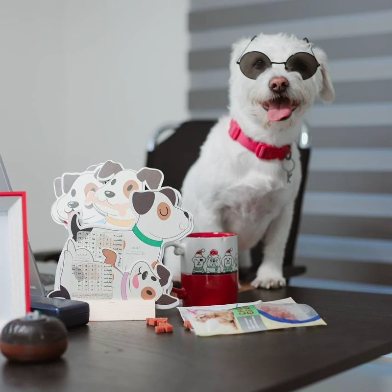 1405 Desk Calendar Cute Dog Design – Wooden Stand with 12 Washable Transparent Sheets