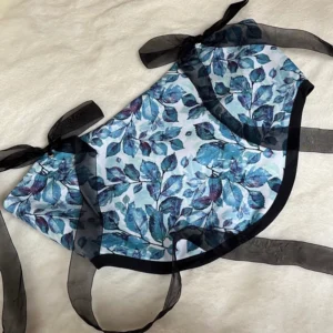 Adjustable Blue Women’s Crop Corset – Leaf Pattern, Crepe Chiffon with Lining and Bow Accent
