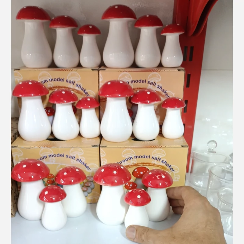 Ceramic Mushroom Salt and Spice Shaker Set, Three-Piece Decorative Kitchen Accessory
