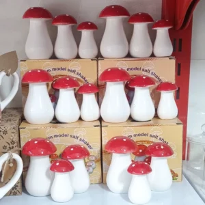 Ceramic Mushroom Salt and Spice Shaker Set, Three-Piece Decorative Kitchen Accessory