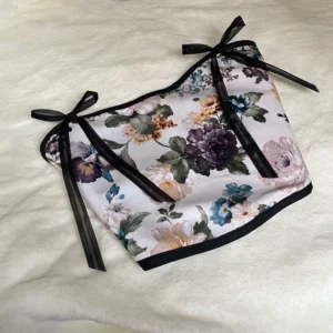 Floral Multicolor Women’s Crop Corset – Soft Velvet Fabric with Lined Interior, Decorative Bow and Adjustable Back Tie