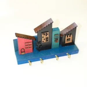 Handcrafted Wooden Wall Key Holder with House Design, Rustic Home Organizer with Metal Hooks