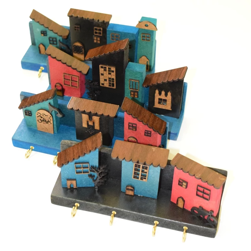 Handcrafted Wooden Wall Key Holder with House Design, Rustic Home Organizer with Metal Hooks