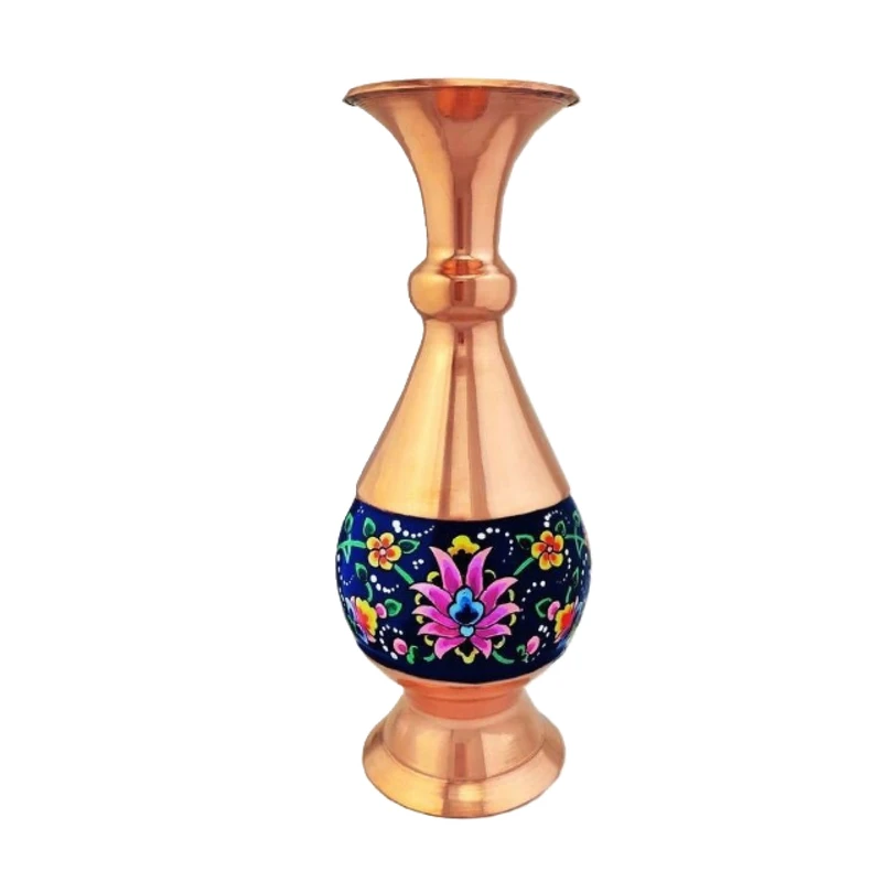 Artisan Persian Copper Vase, Adorned with Traditional Hand-Painted Floral Motifs and a Polished Finish, Complete with a Wooden Gift Box