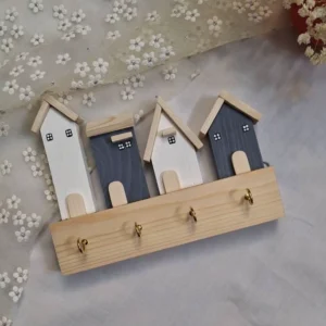 Handcrafted Wooden Wall Key Holder in Cream and Gray Tones, Compact Rustic Organizer with Four Hooks